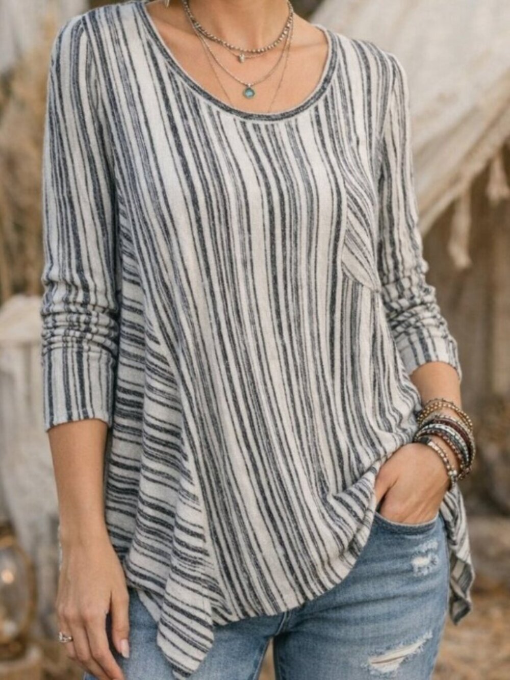 Verve Ami Black White Striped Asymmetrical High Low Sweater Size M
